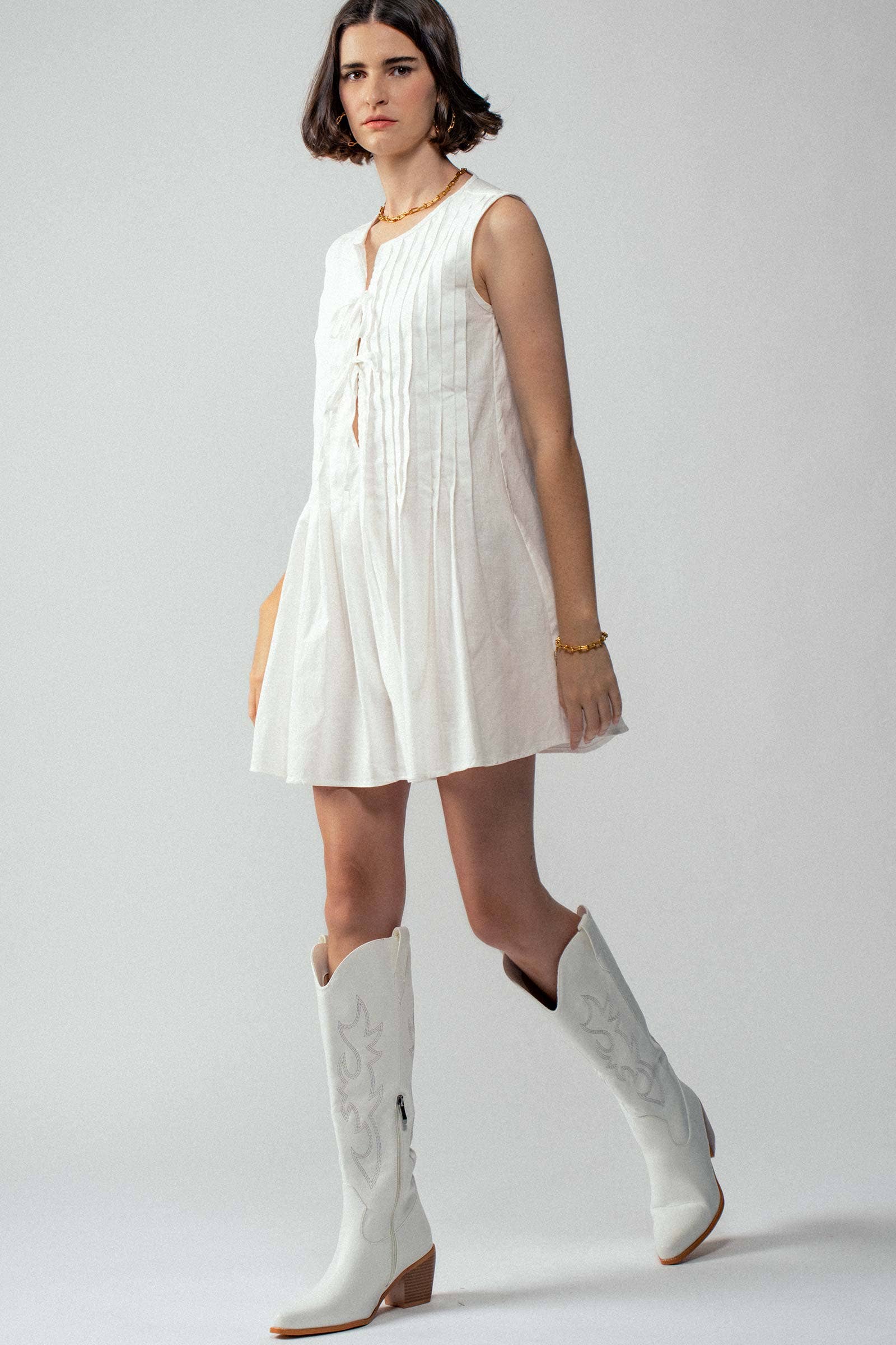 Romantic Pleated Deep V Neck Front Tie Sleeveless Mini Dress