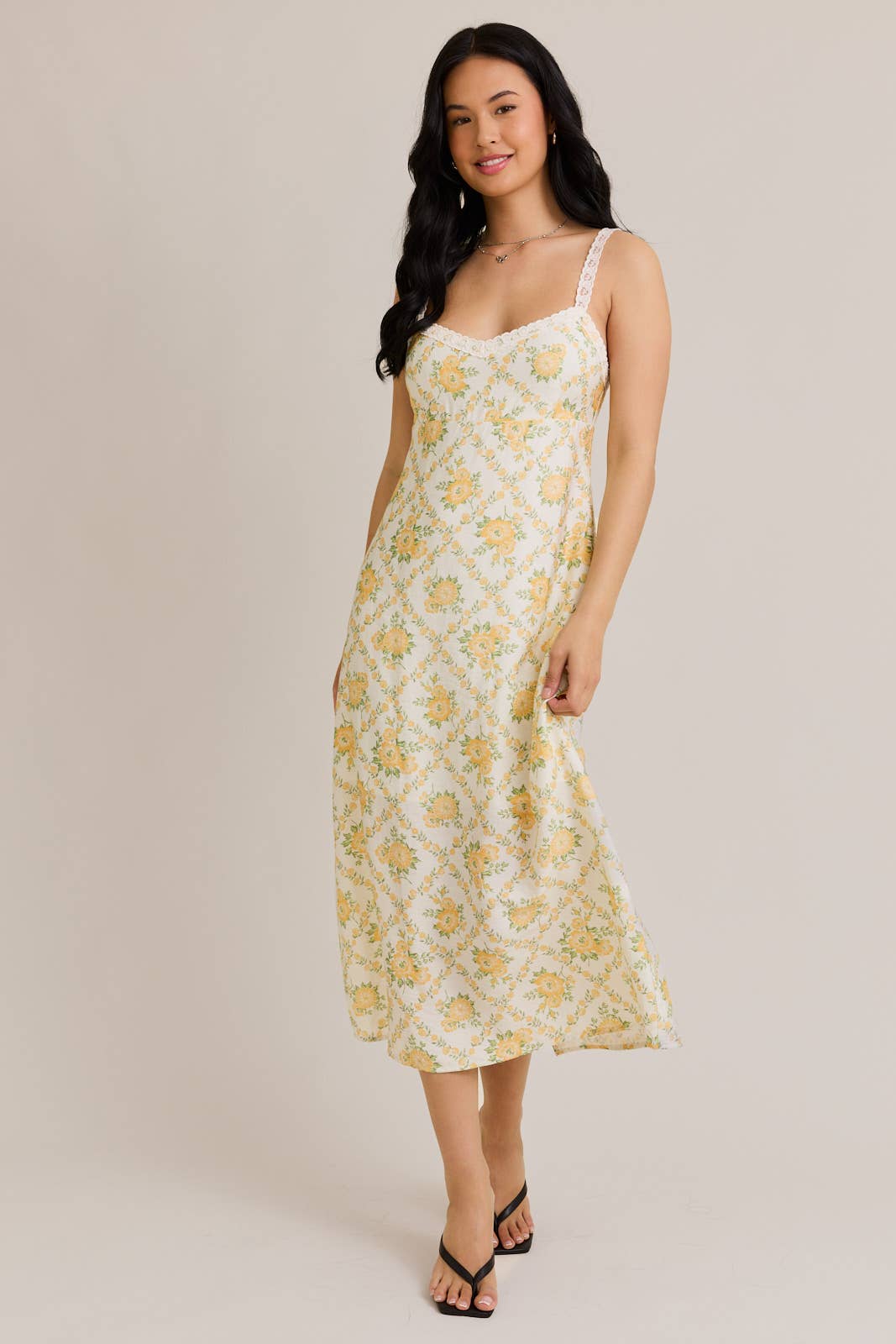 LACE TRIM MIDI DRESS: CREAM-YELLOW FLORAL