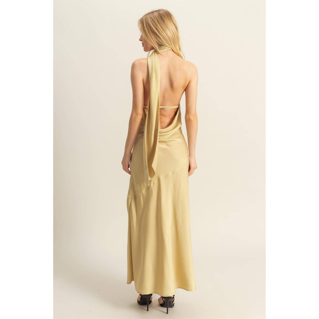 Curve Hugging Satin Halter Maxi Dress