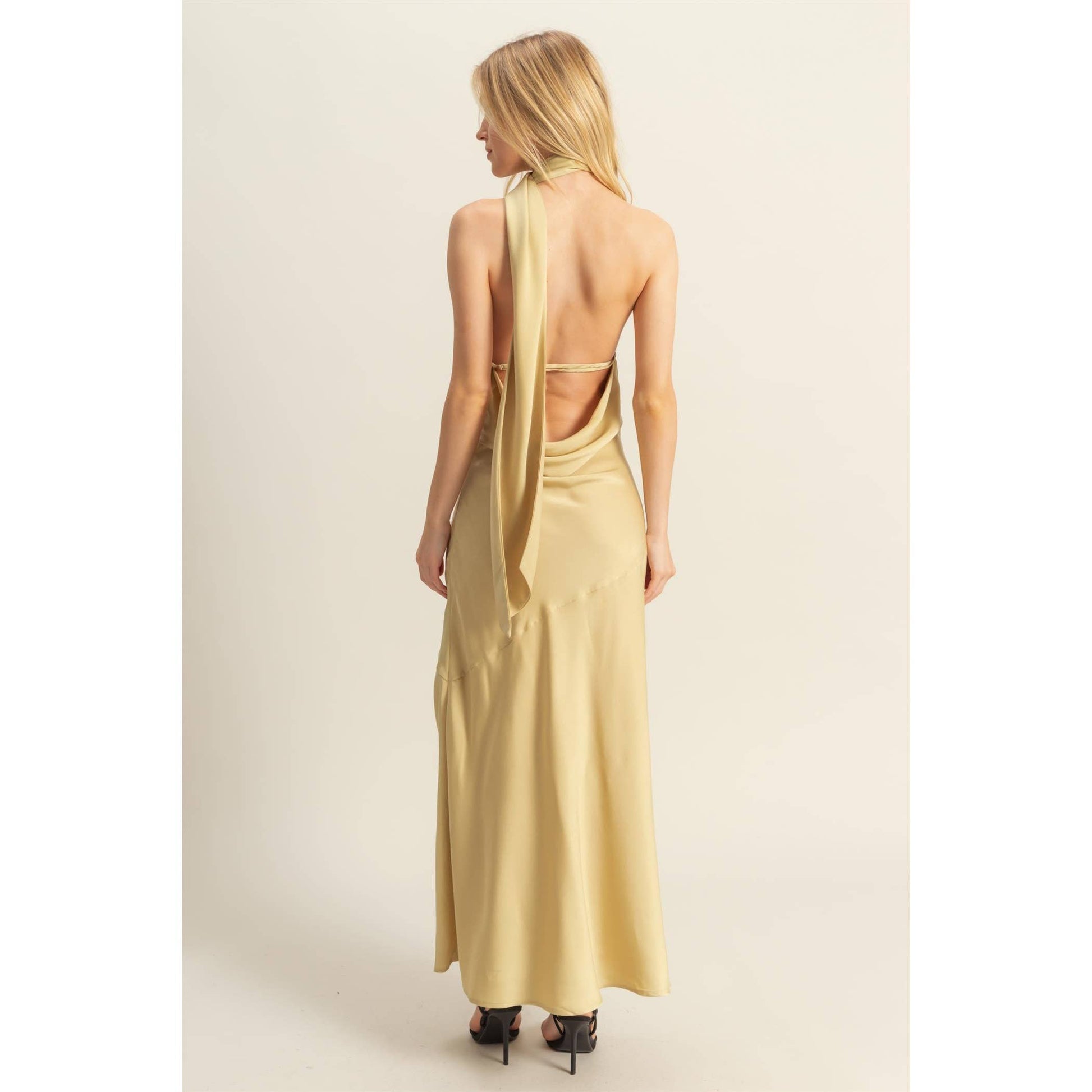 Curve Hugging Satin Halter Maxi Dress