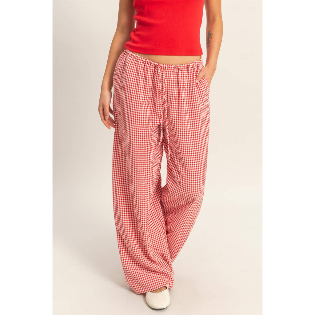 Gingham Drawstring Wide-Leg Pants: RED