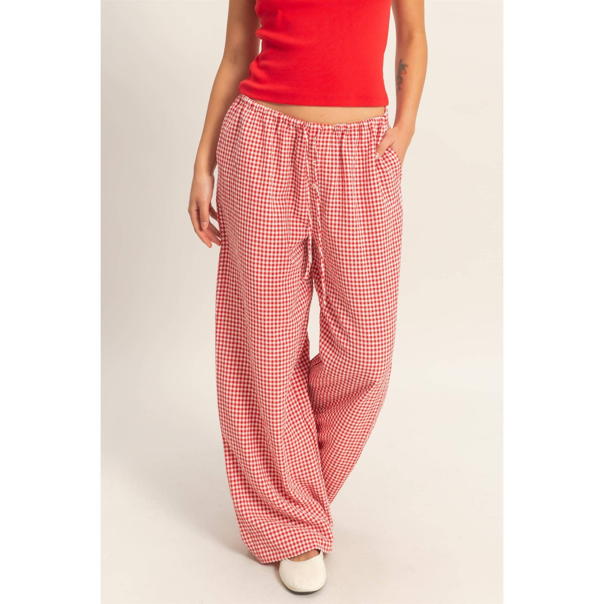 Gingham Drawstring Wide-Leg Pants: RED