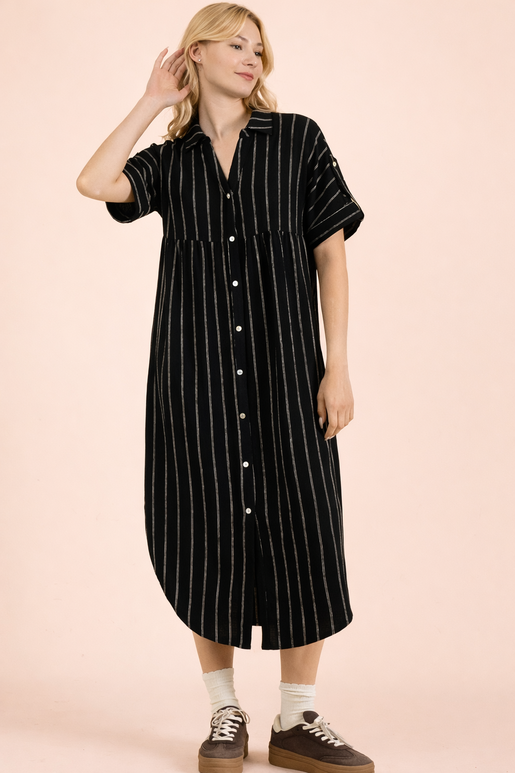 Striped Linen Midi Button Down Shirt Dress: TAUPE