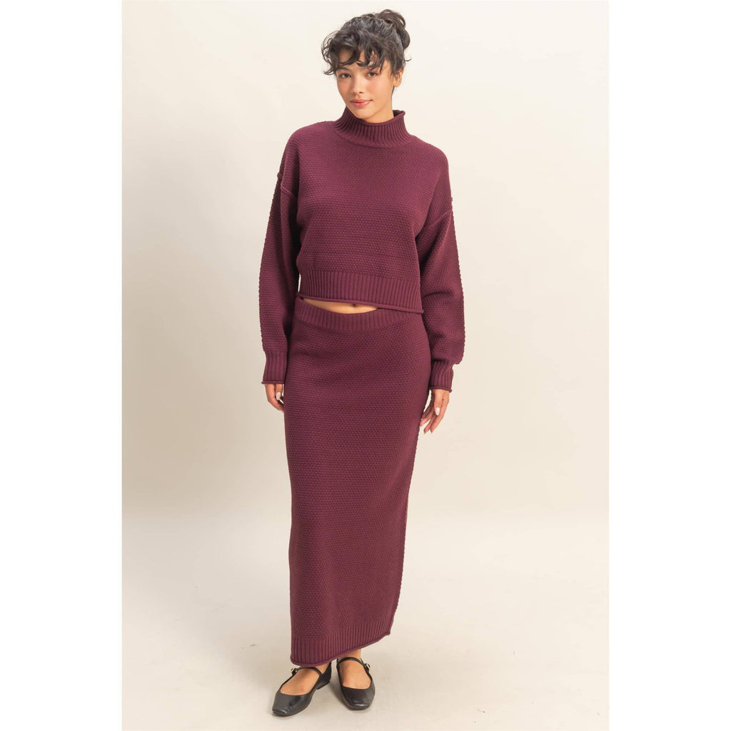 Textured High Neck Sweater & Skirt Set: DARK CHERRY