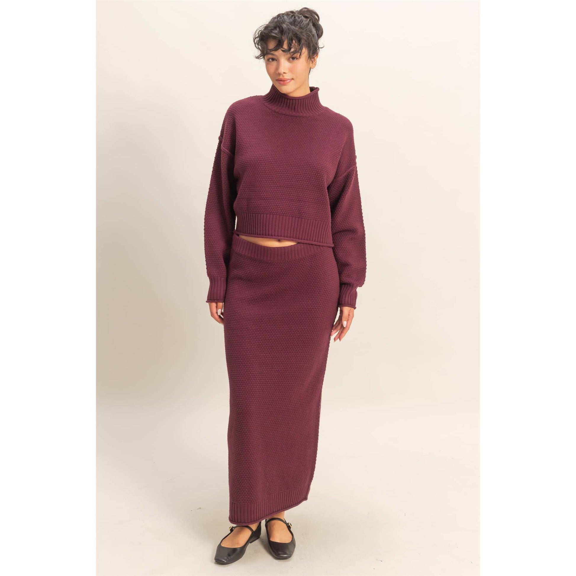 Textured High Neck Sweater & Skirt Set: DARK CHERRY