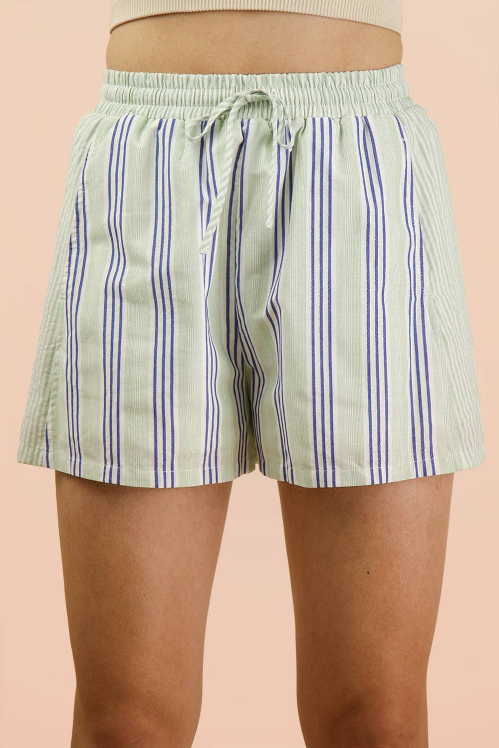 Stripe Woven Shirt Top & Shorts Set: BLUE/SAGE