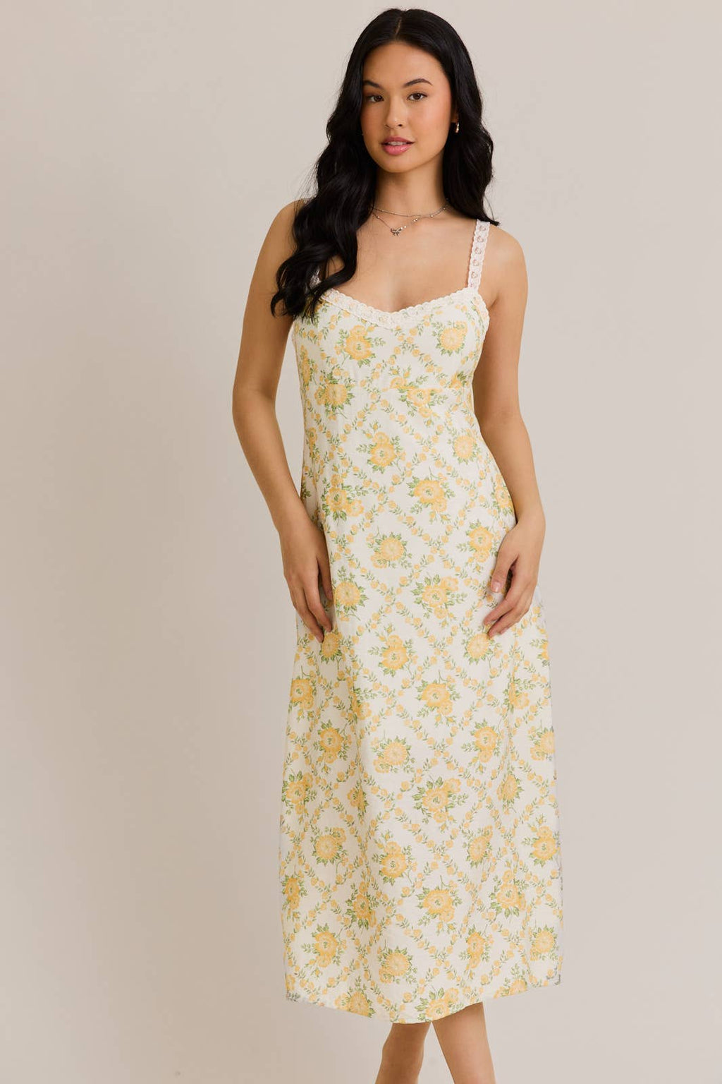 LACE TRIM MIDI DRESS: CREAM-YELLOW FLORAL
