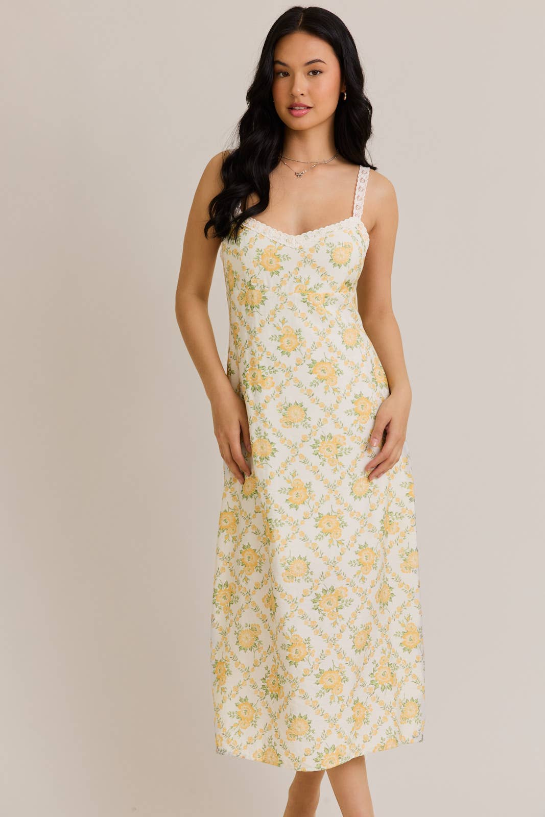 LACE TRIM MIDI DRESS: CREAM-YELLOW FLORAL
