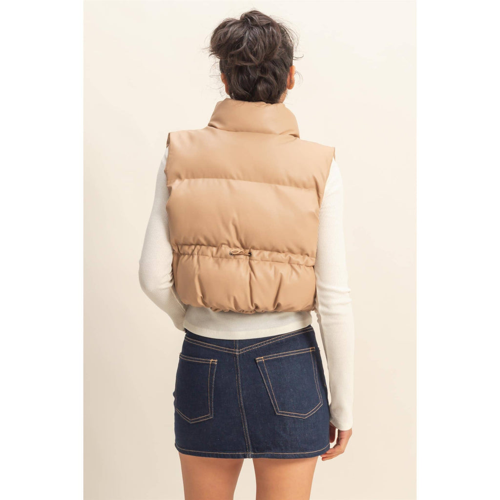 Faux Leather Cropped Puffer Vest: DARK TAUPE