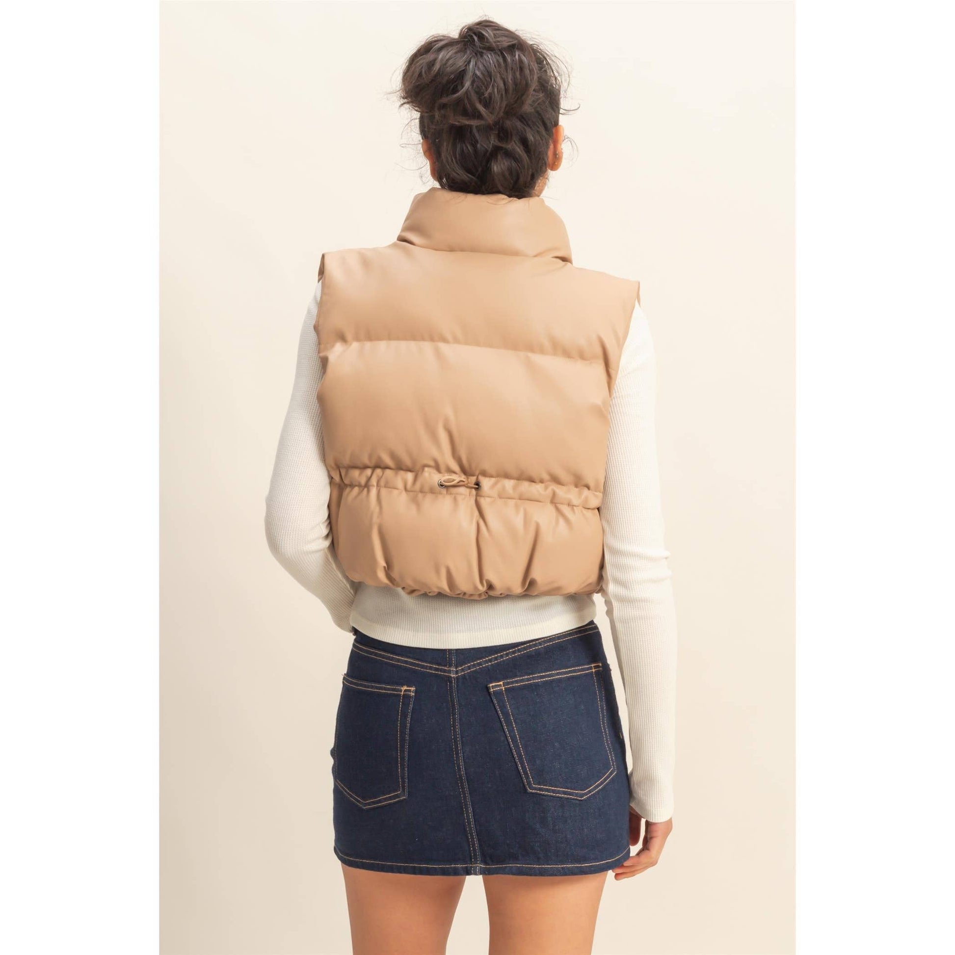 Faux Leather Cropped Puffer Vest: DARK TAUPE