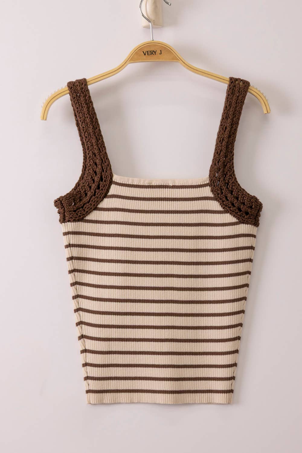 Crochet Sleeve Striped Knit Tank Top: CHOCOLATE