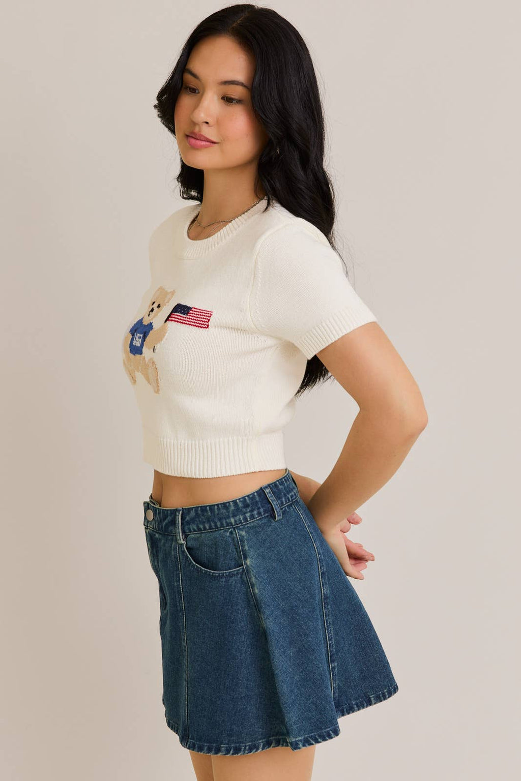 TEDDY BEAR WITH USA FLAG" GRAPHIC CREW NECK SWEATER TOP