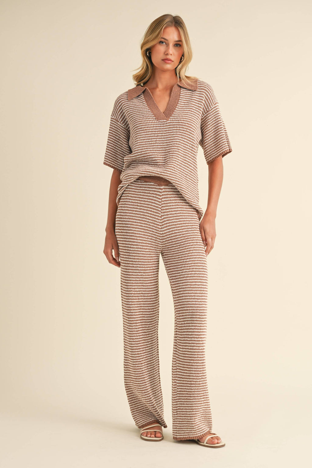 SHORT SLEEVE SWEATER TOP AND PANTS SET: MOCHA CREAM