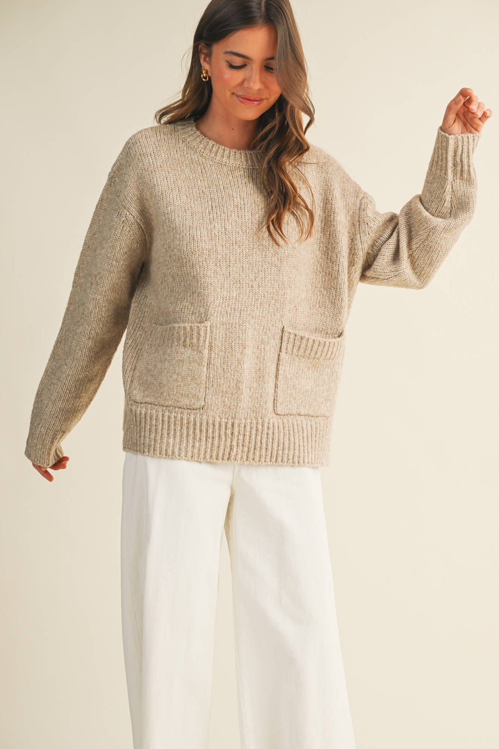 FRONT PATCH POCKET SWEATER TOP: TAUPE / S