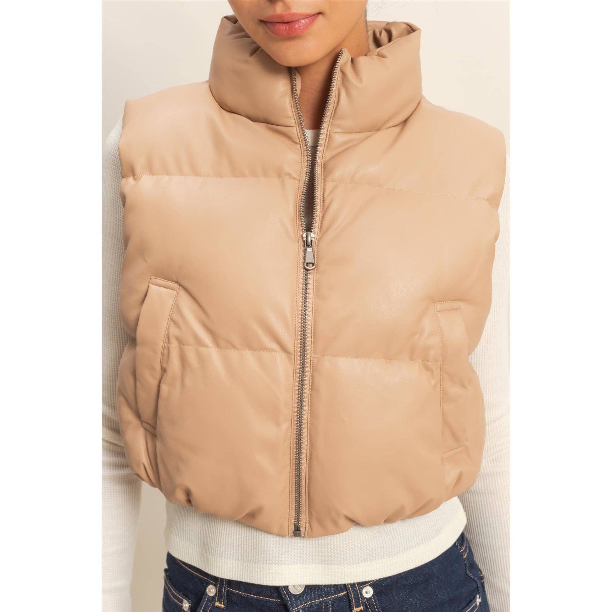 Faux Leather Cropped Puffer Vest: DARK TAUPE