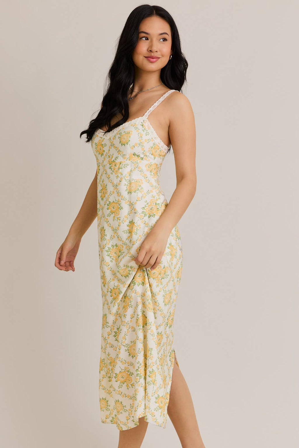 LACE TRIM MIDI DRESS: CREAM-YELLOW FLORAL