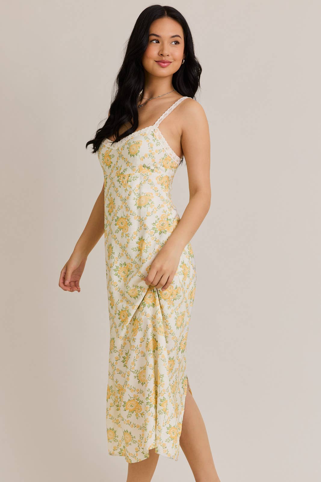 LACE TRIM MIDI DRESS: CREAM-YELLOW FLORAL