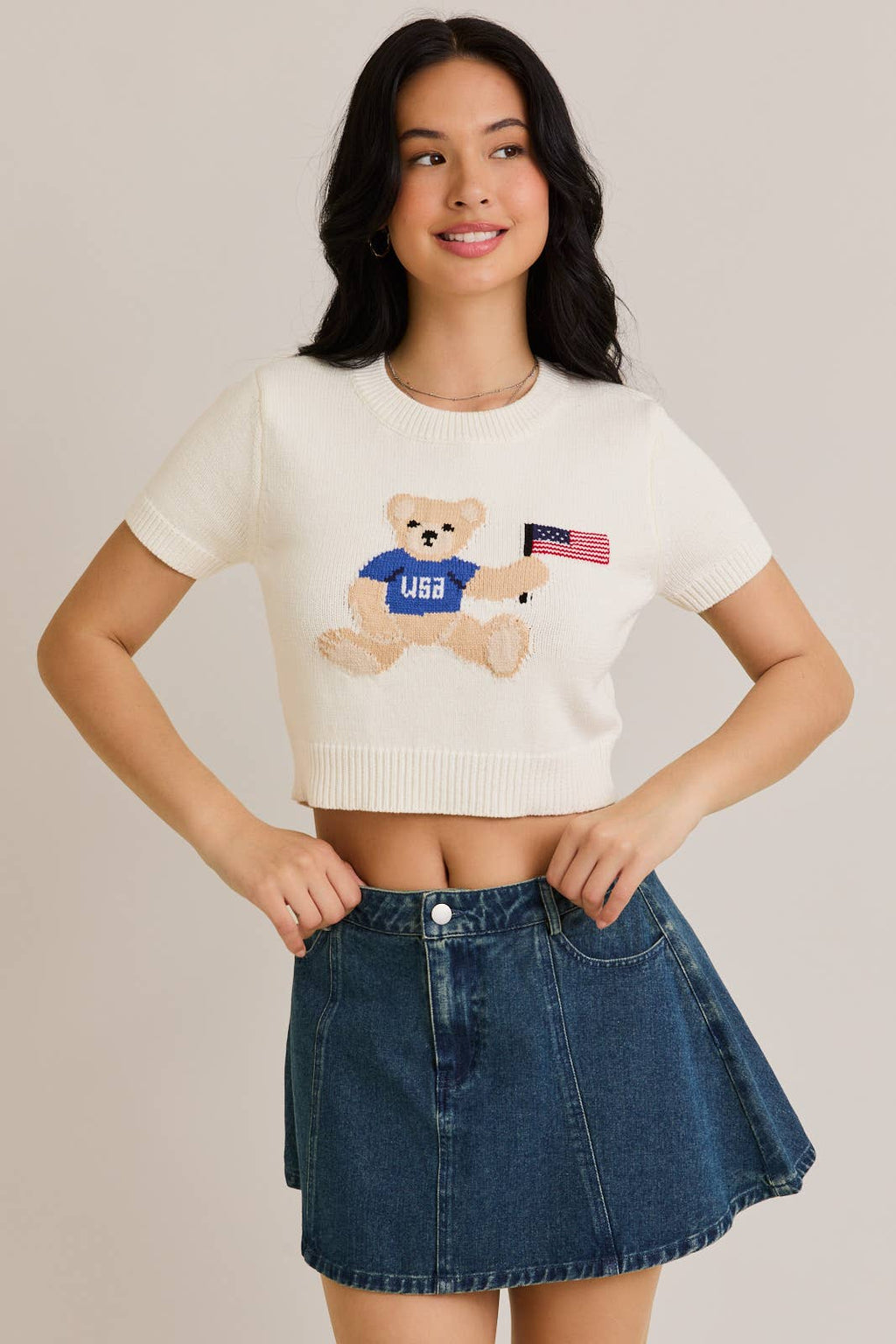 TEDDY BEAR WITH USA FLAG" GRAPHIC CREW NECK SWEATER TOP