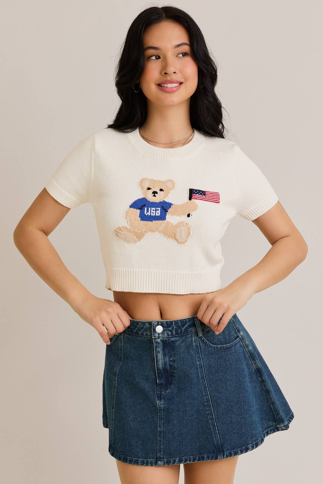 TEDDY BEAR WITH USA FLAG" GRAPHIC CREW NECK SWEATER TOP
