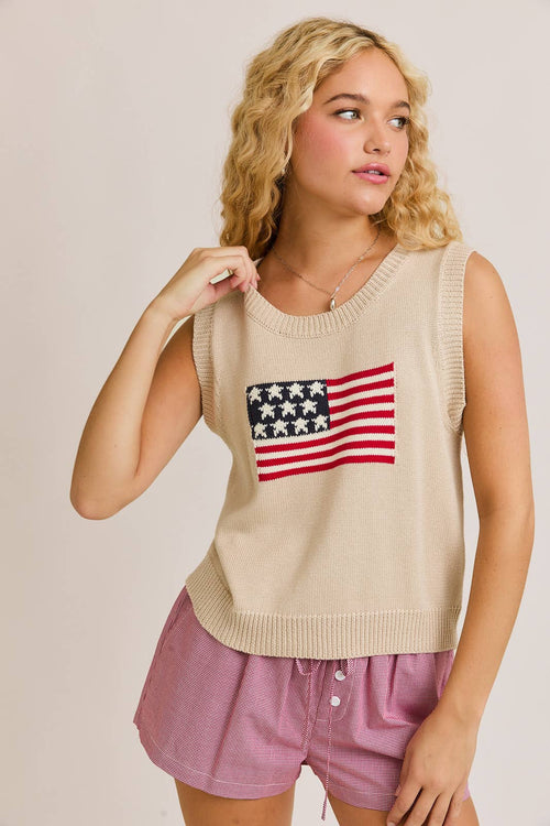 AMERICAN FLAG SLEEVELESS SWEATER TOP: TAUPE