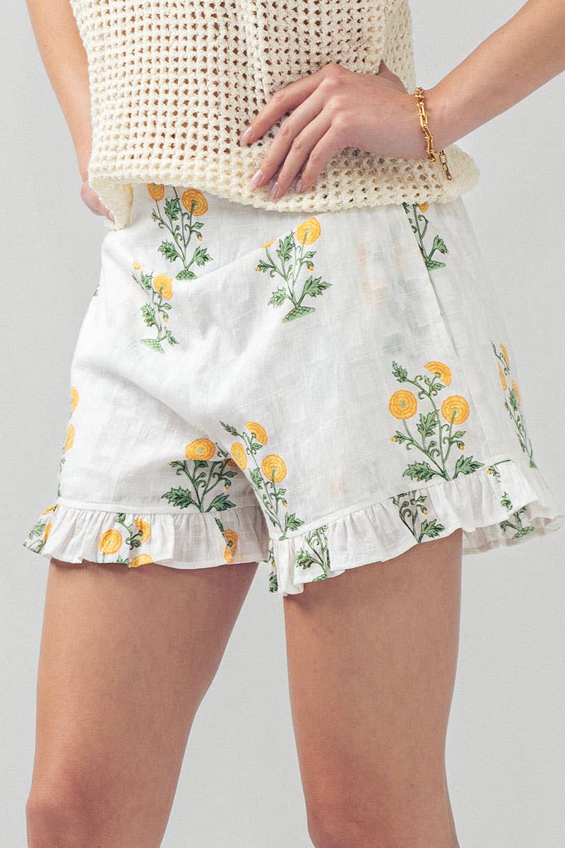 Yellow Floral Print Ruffle Shorts with Smocked Waist