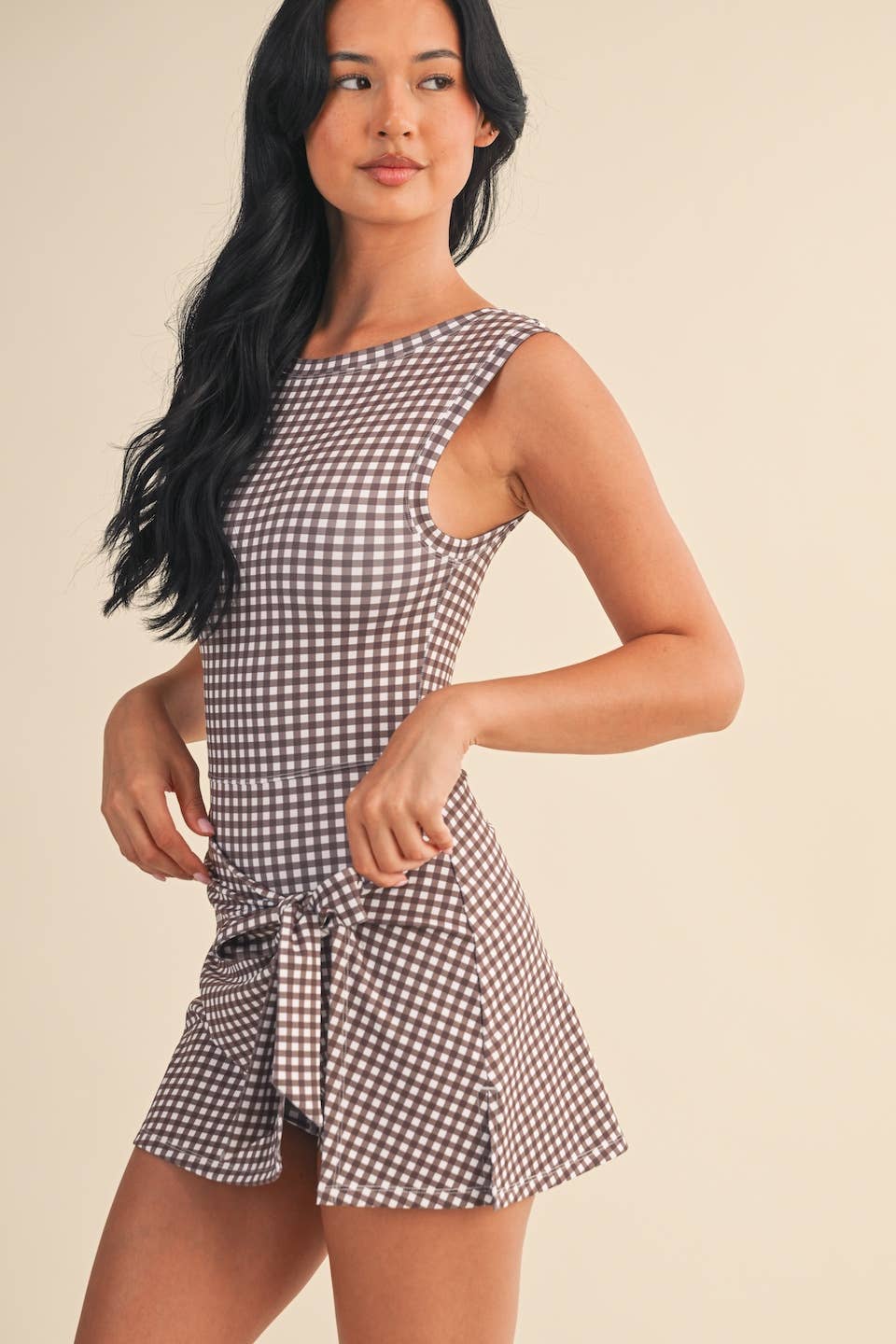 Gingham Print Sleeveless Wrap Tie Front Dress : Brown Gingham