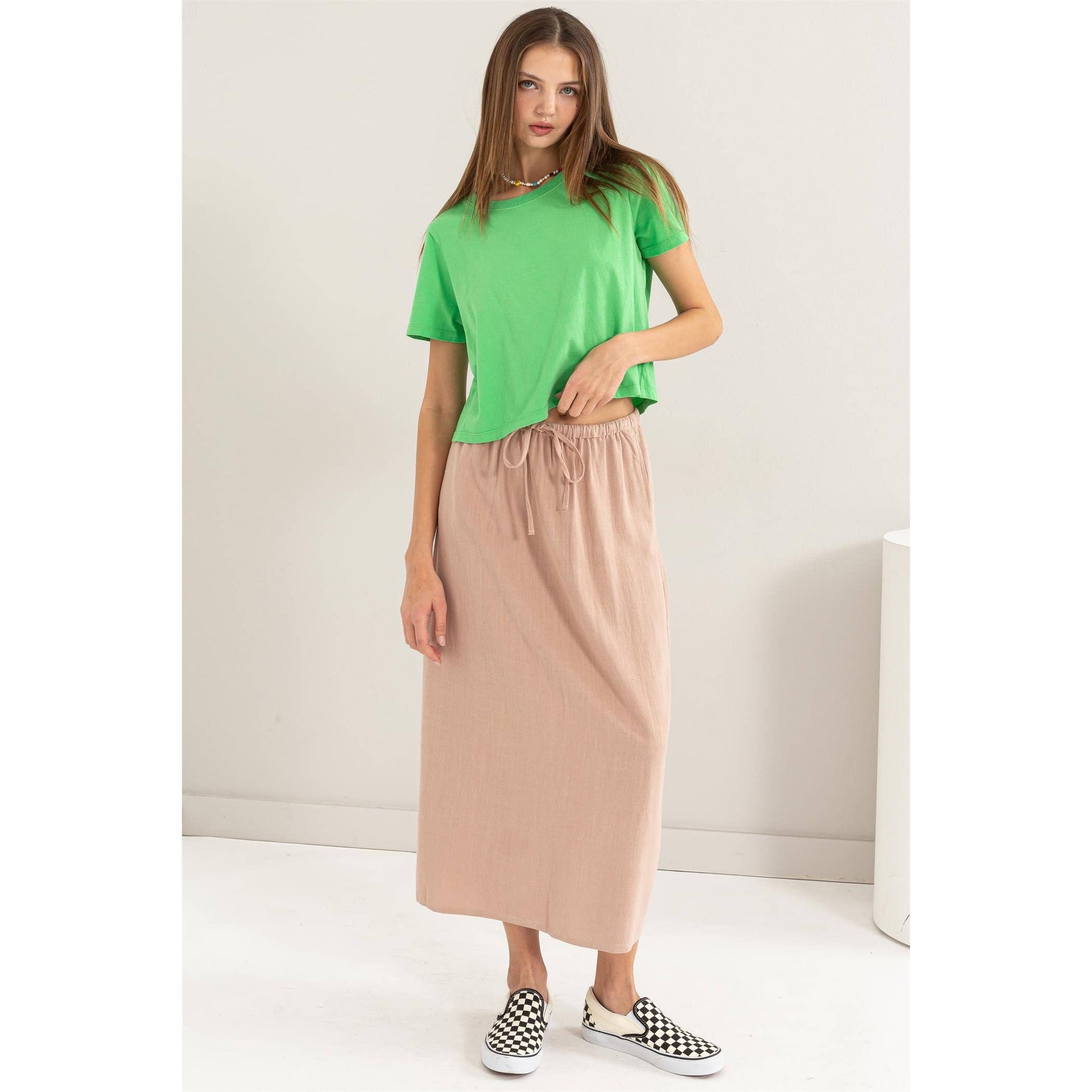 Linen Midi Skirt: TAN