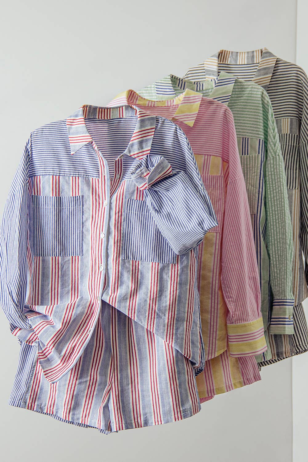 Stripe Woven Shirt Top & Shorts Set: BLUE/SAGE