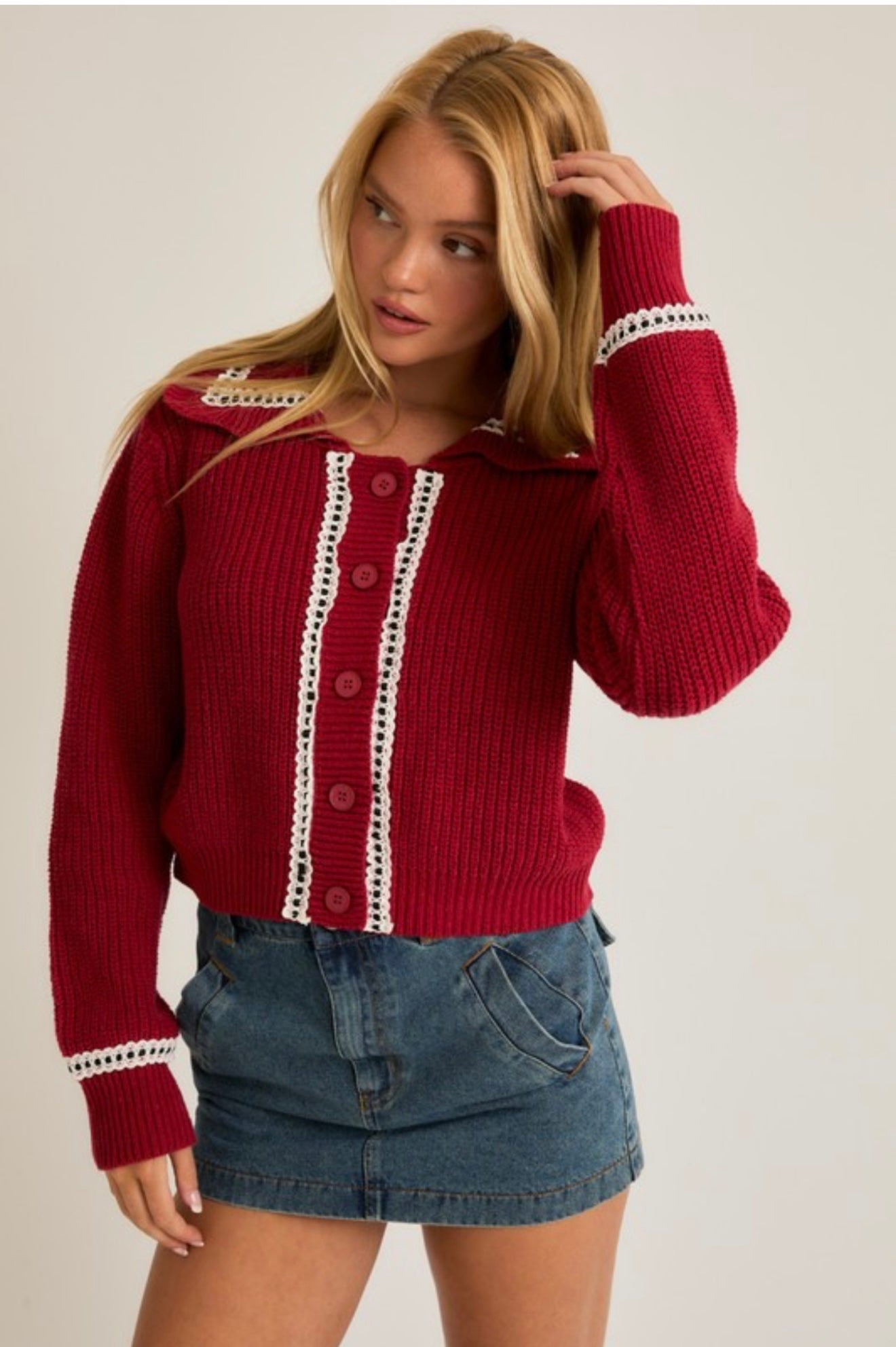Scalloped Collar Lace Trim Detail Sweater Cardigan