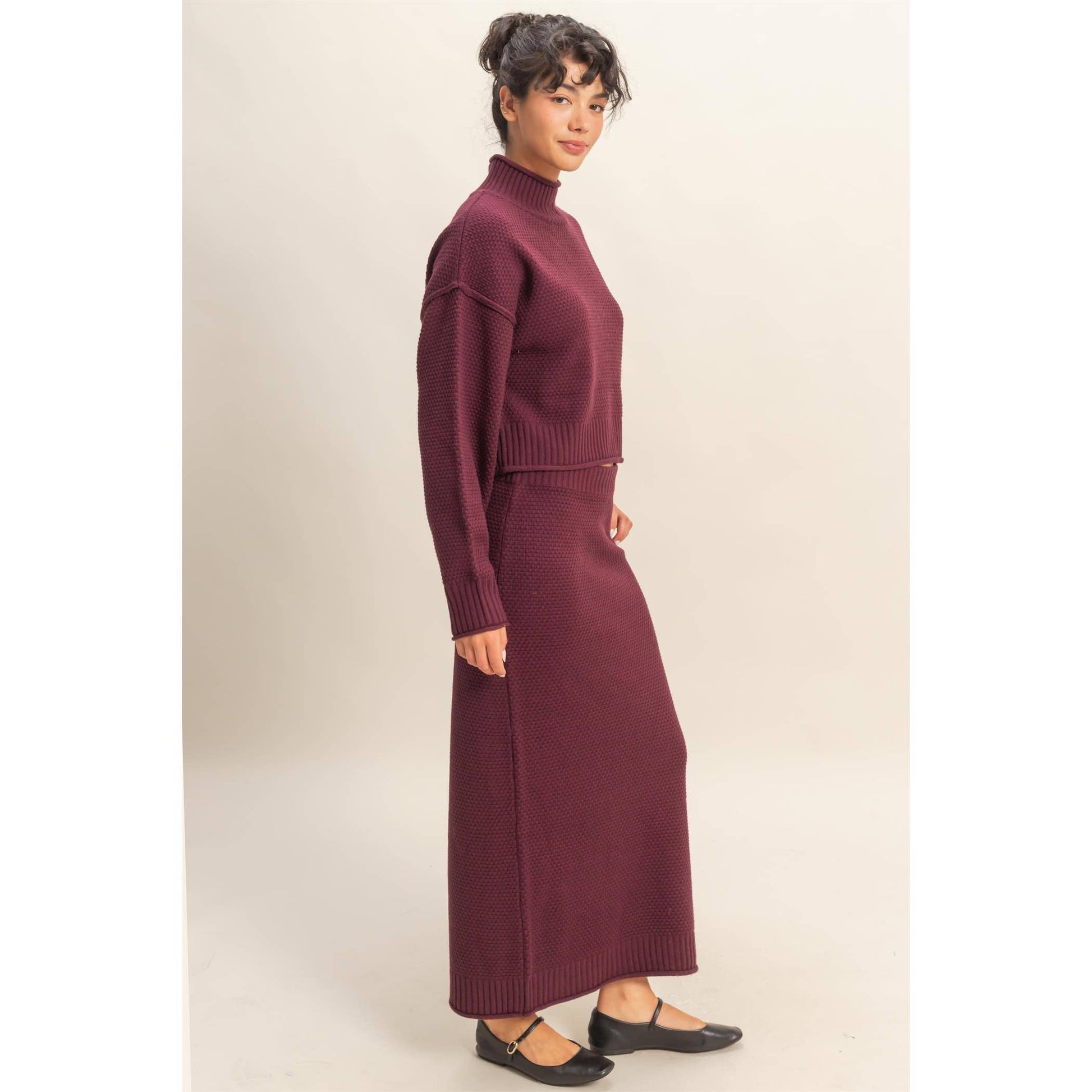 Textured High Neck Sweater & Skirt Set: DARK CHERRY
