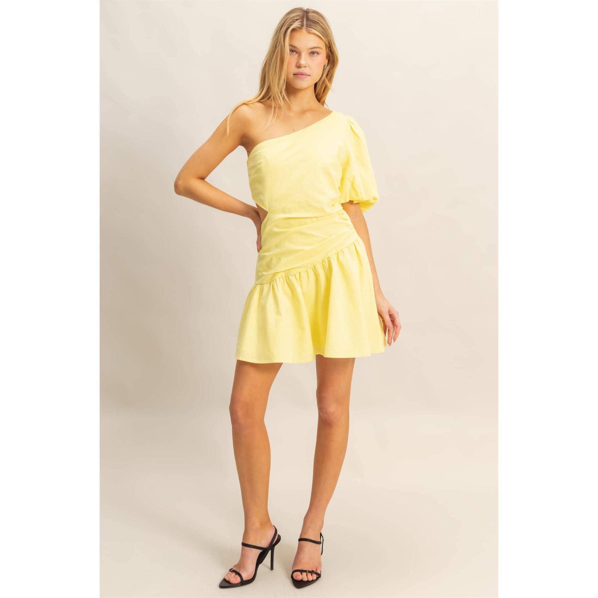 One Shoulder Tiered Cutout Mini Dress: YELLOW
