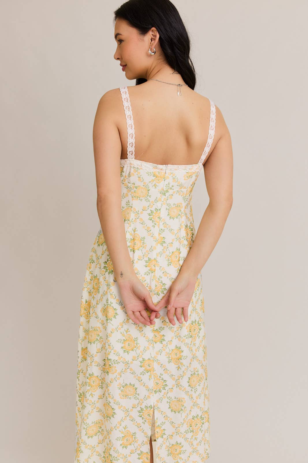 LACE TRIM MIDI DRESS: CREAM-YELLOW FLORAL