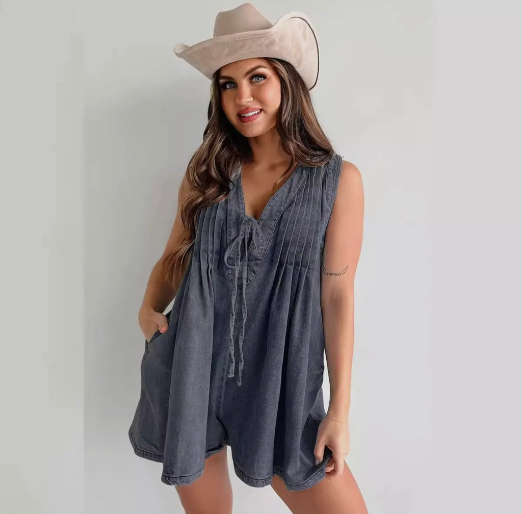 Tie Front V-Neck Denim Romper