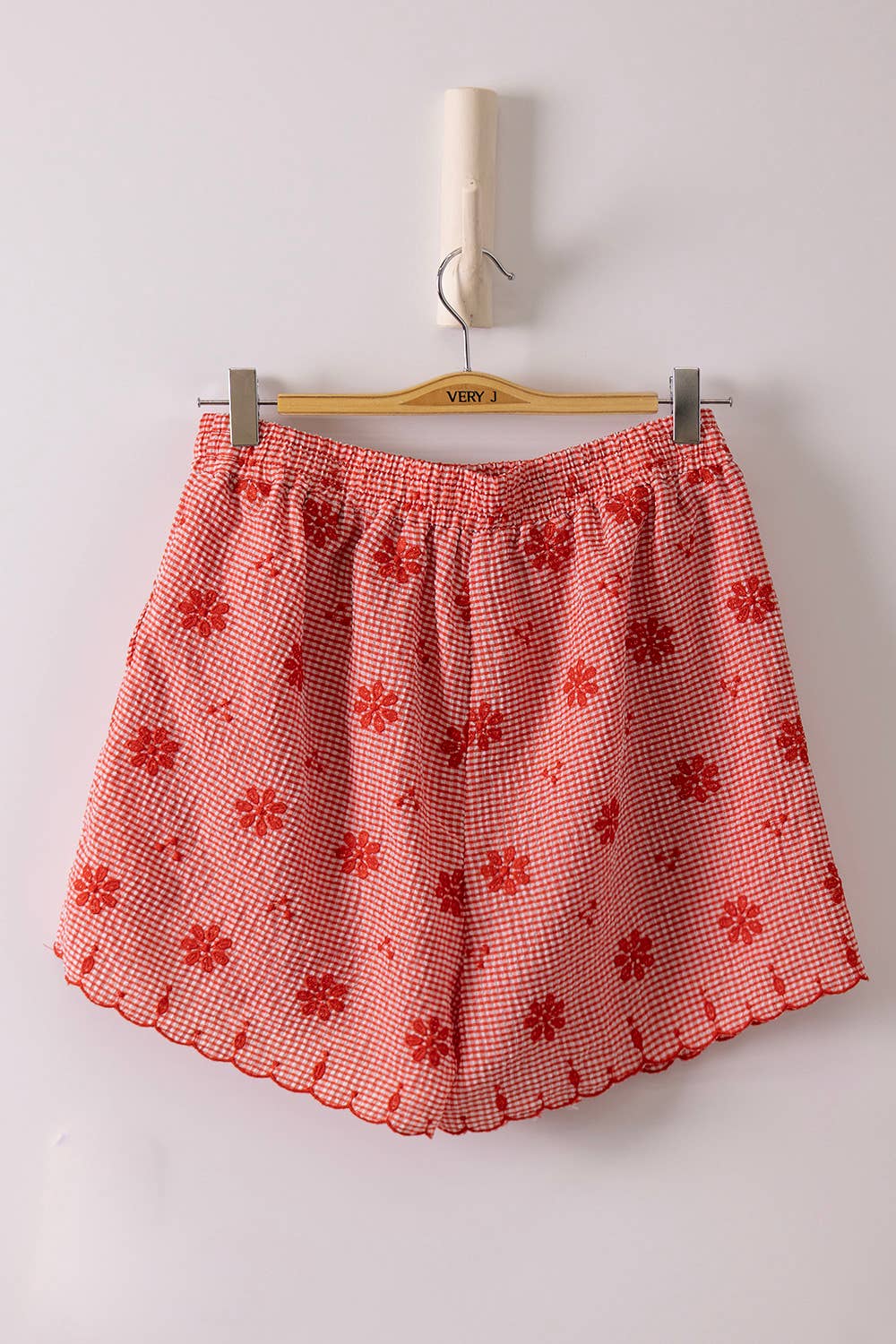 Floral Embroidery Woven Top & Shorts Set: RED
