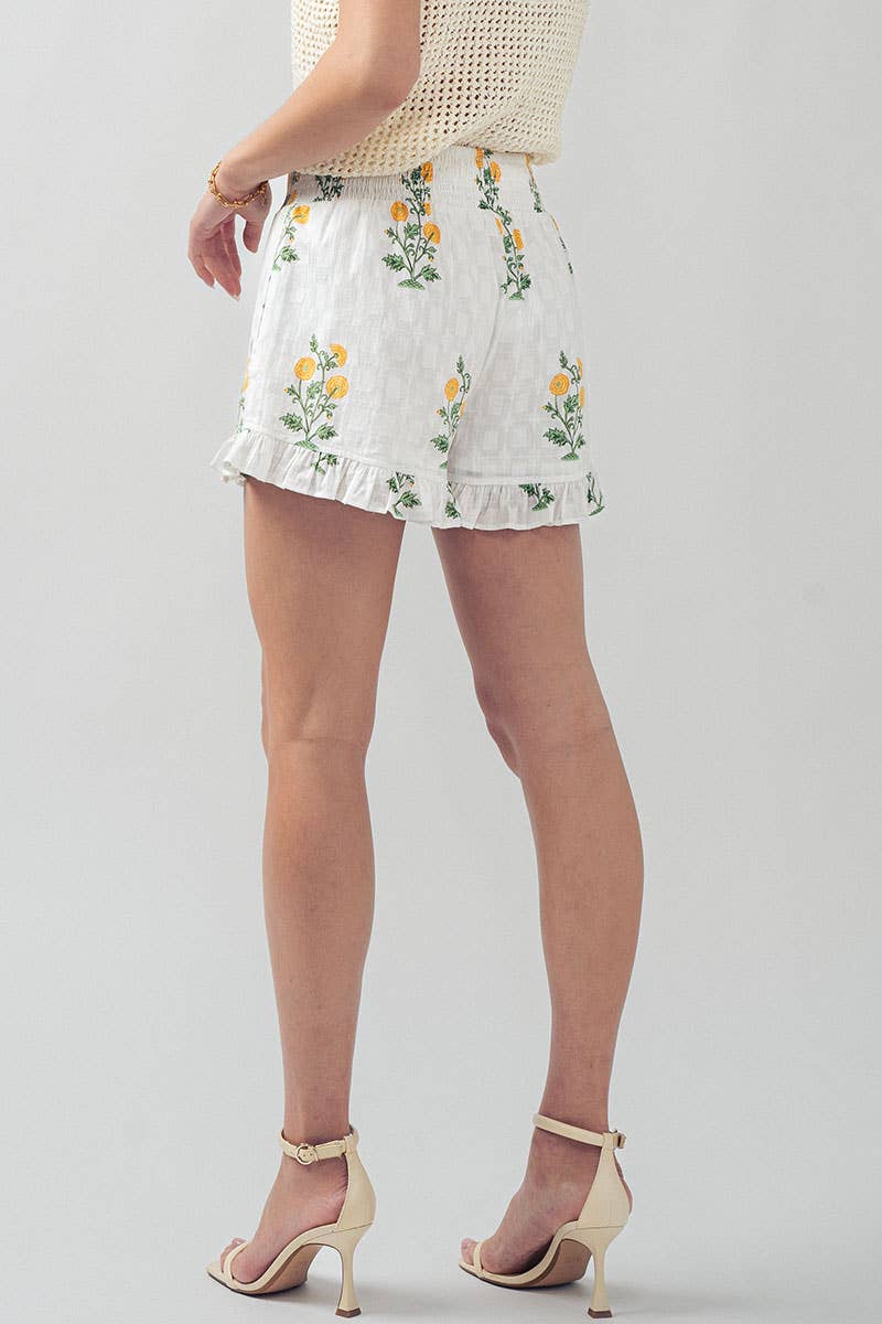 Yellow Floral Print Ruffle Shorts with Smocked Waist