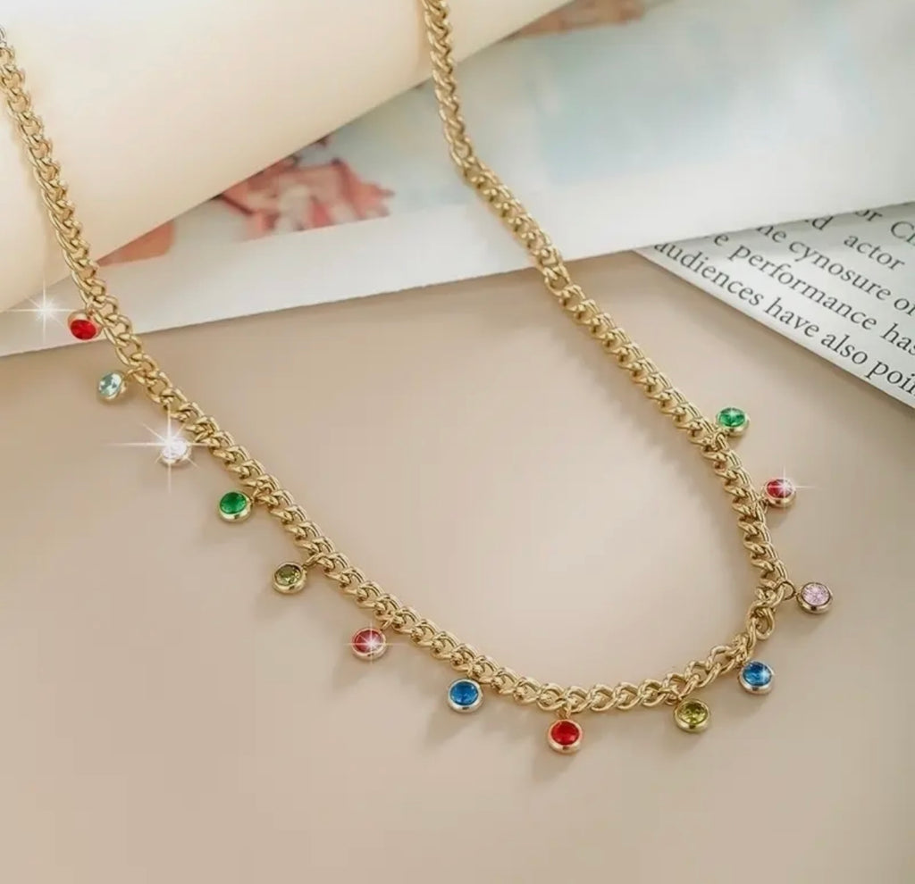 18K Gold Plated Necklace Color Gem Stones