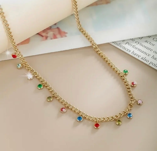 18K Gold Plated Necklace Color Gem Stones