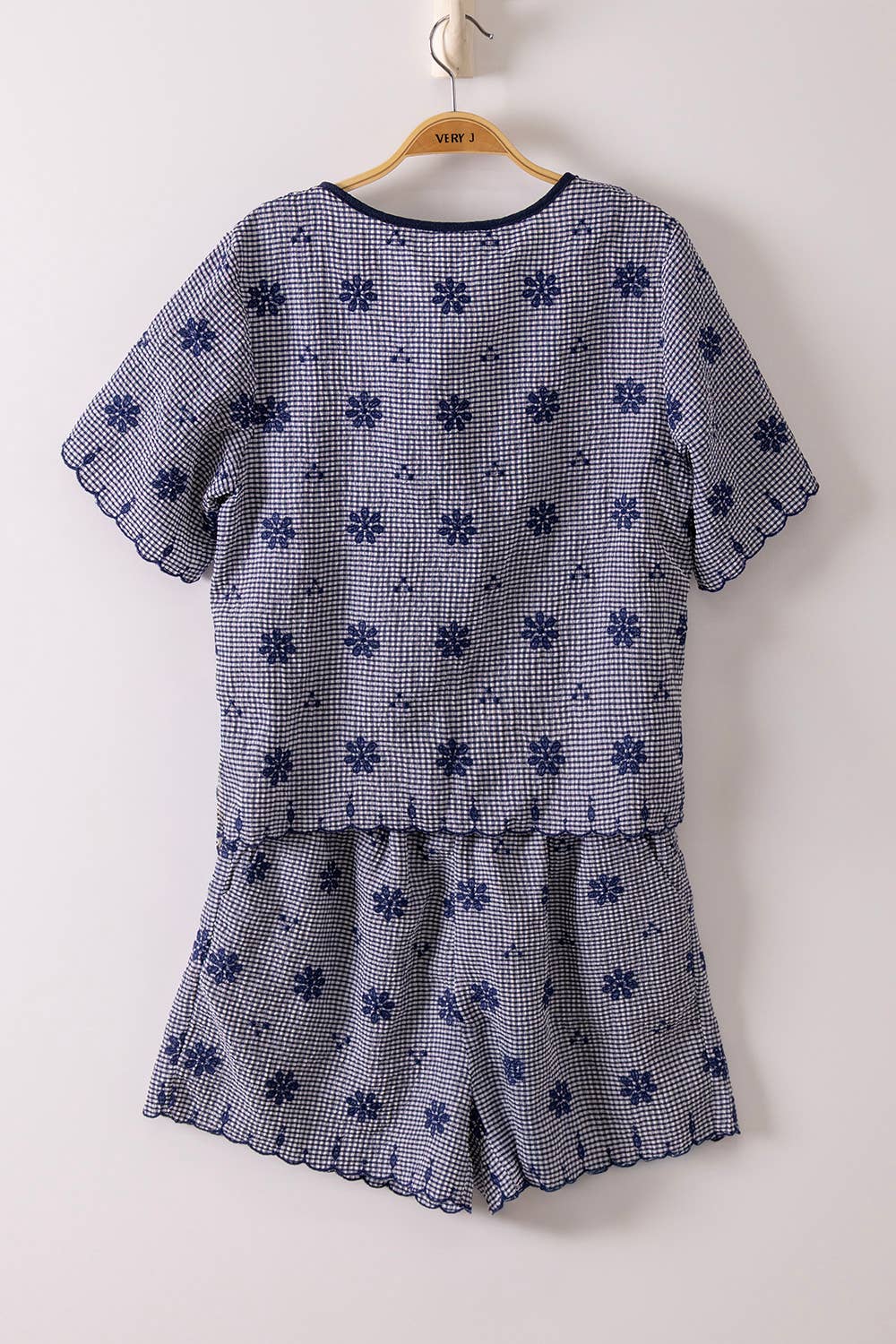 Floral Embroidery Woven Top & Shorts Set: NAVY