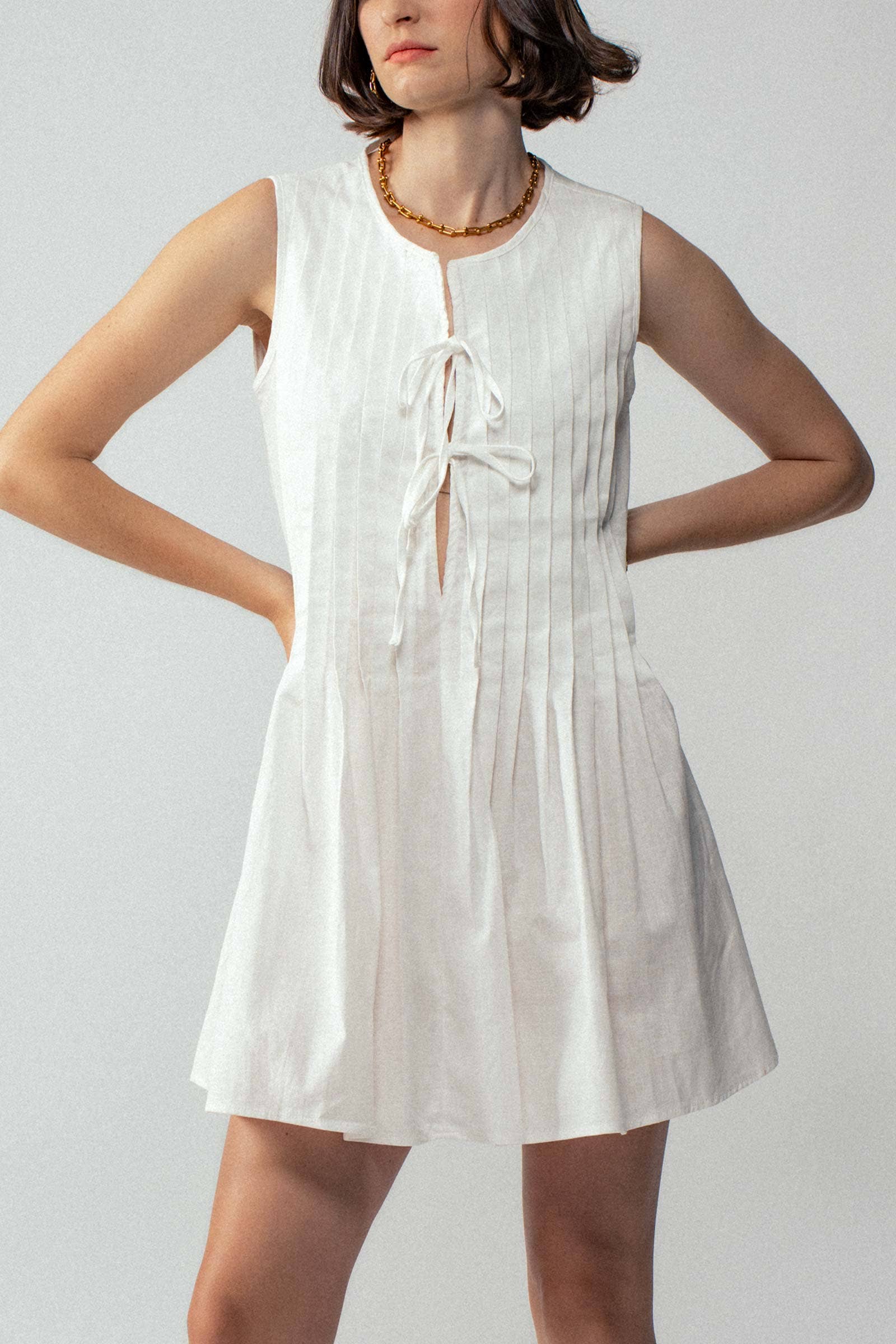 Romantic Pleated Deep V Neck Front Tie Sleeveless Mini Dress