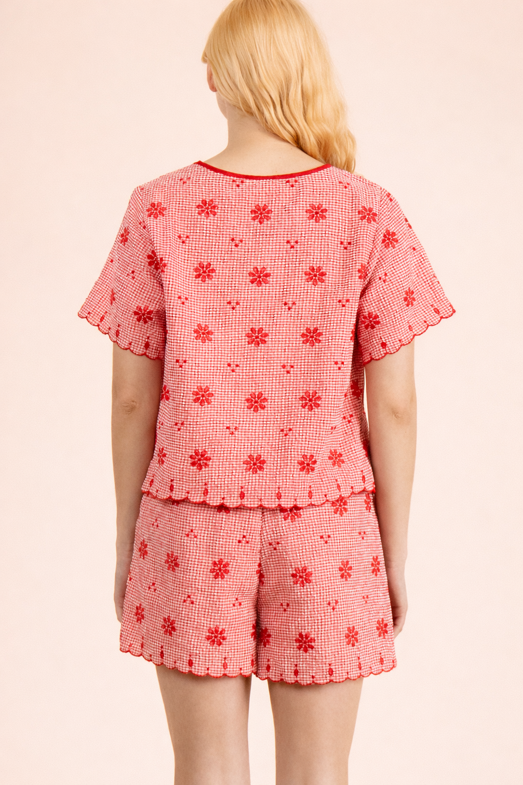 Floral Embroidery Woven Top & Shorts Set: RED