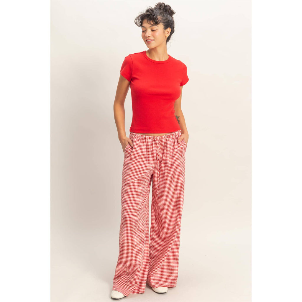 Gingham Drawstring Wide-Leg Pants: RED