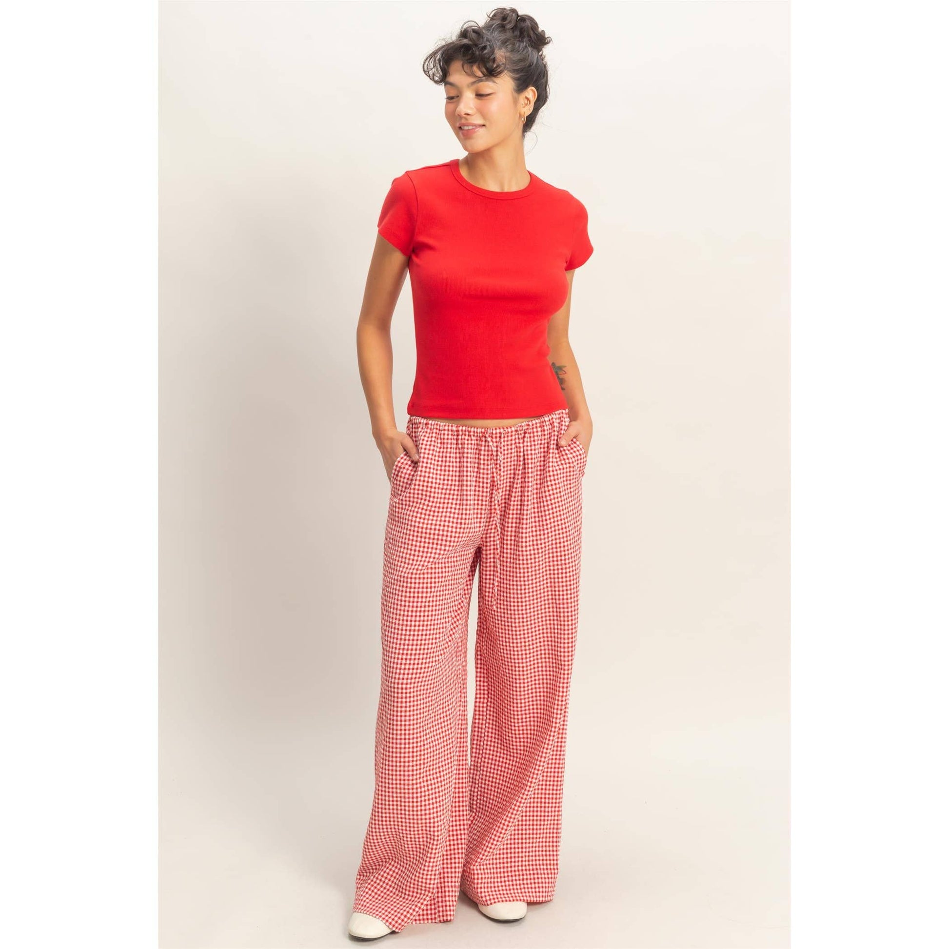 Gingham Drawstring Wide-Leg Pants: RED