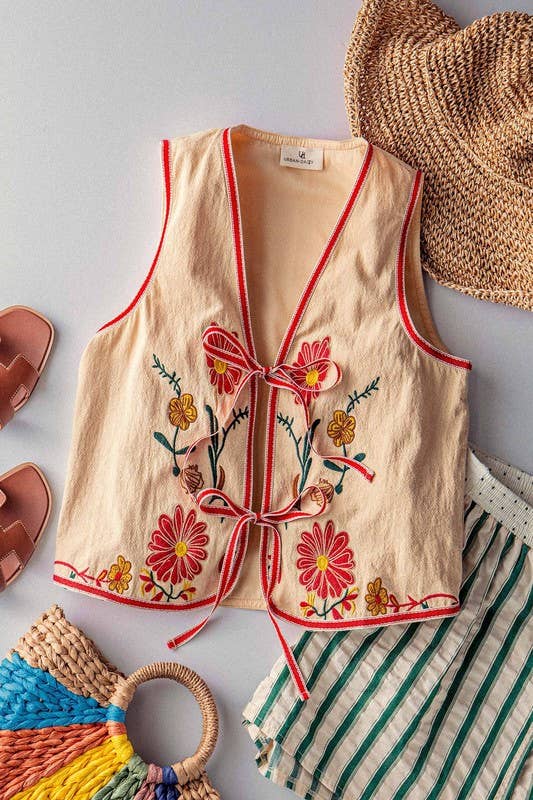 Boho Embroidered Tie Front Western Vest: KHAKI