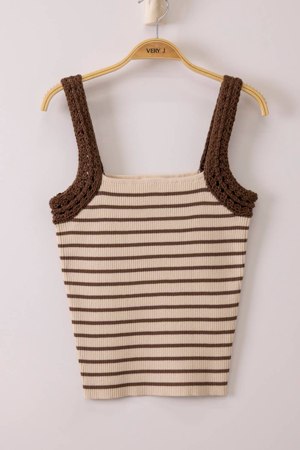 Crochet Sleeve Striped Knit Tank Top: CHOCOLATE