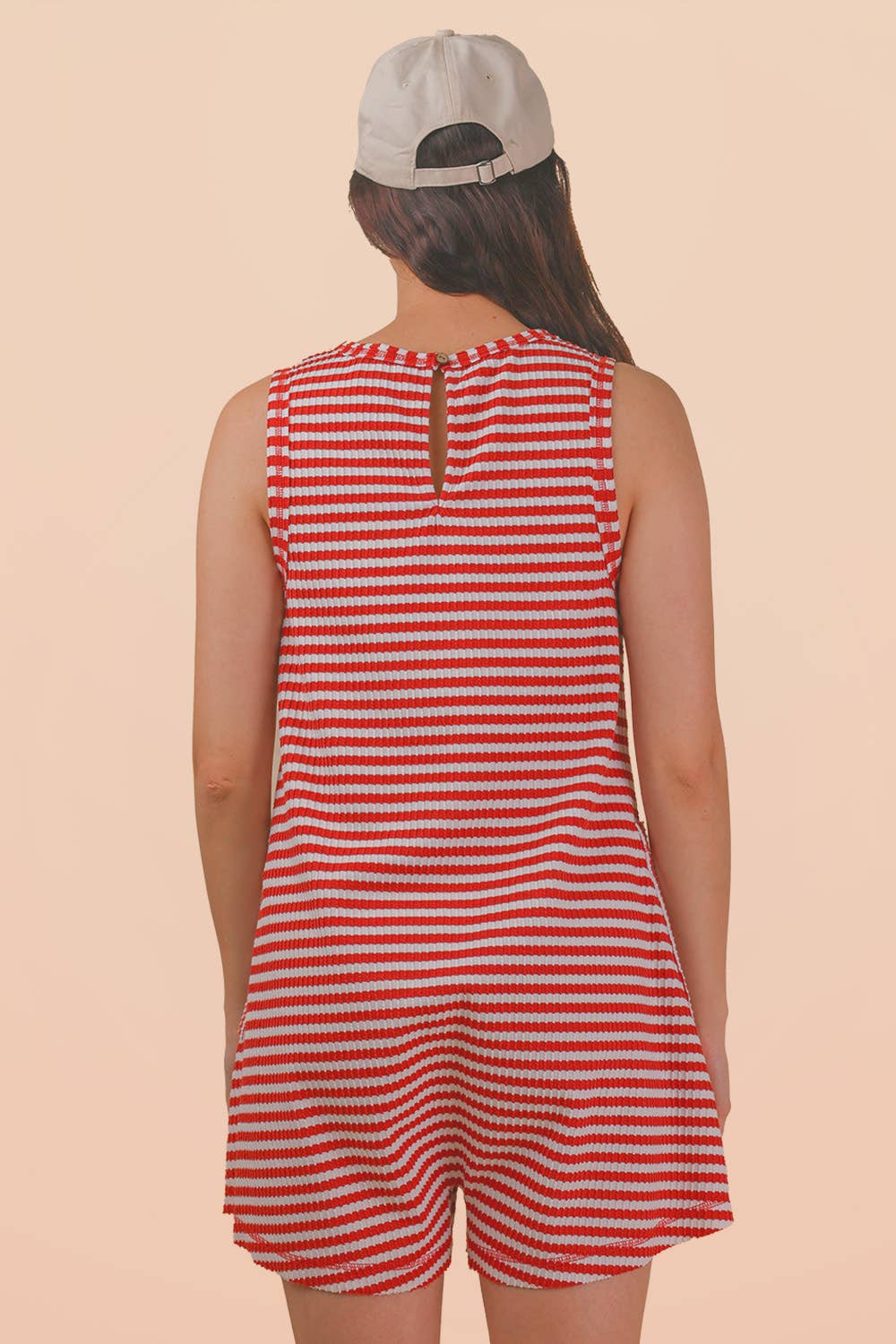 Striped Knit Casual Comfy Romper: RUST