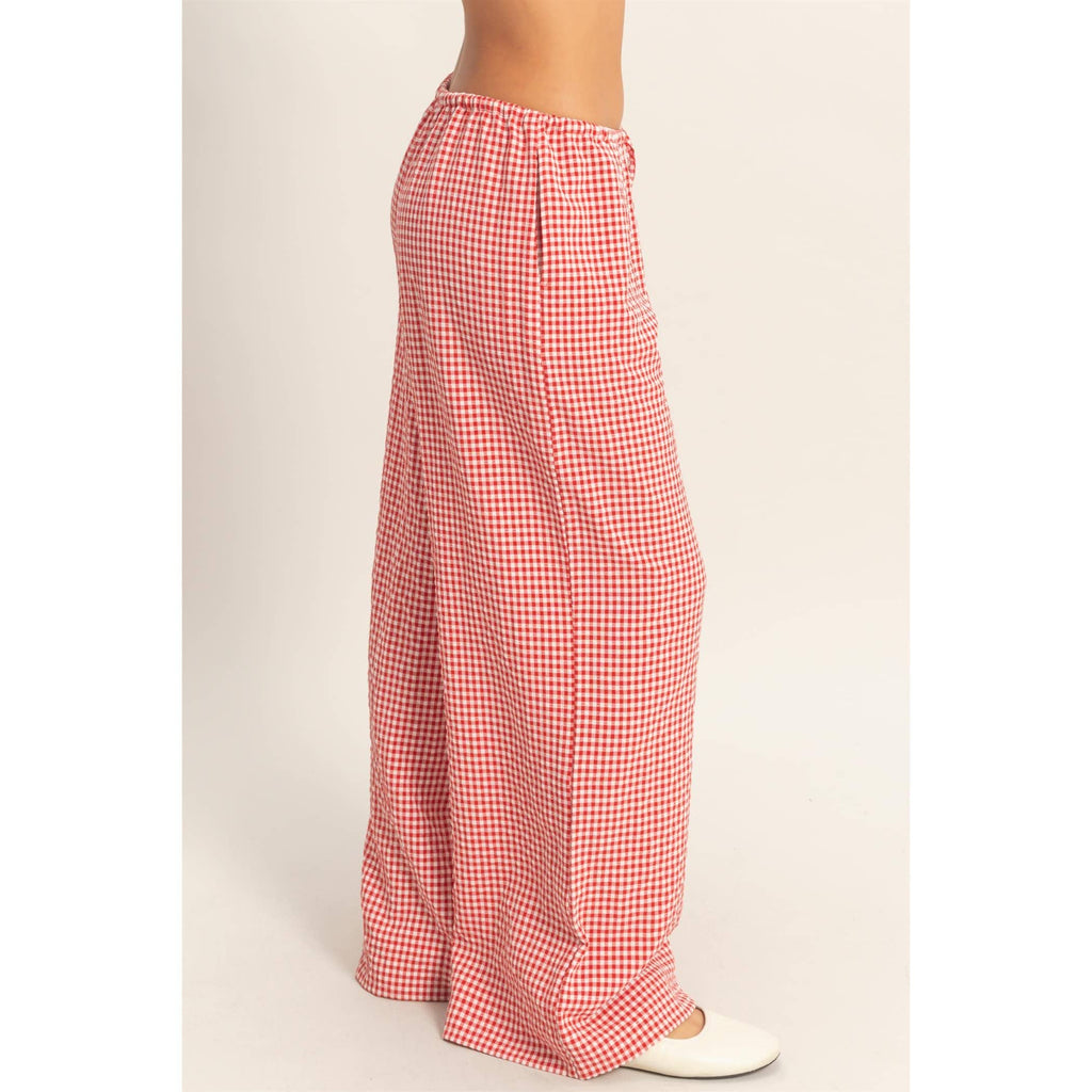 Gingham Drawstring Wide-Leg Pants: RED