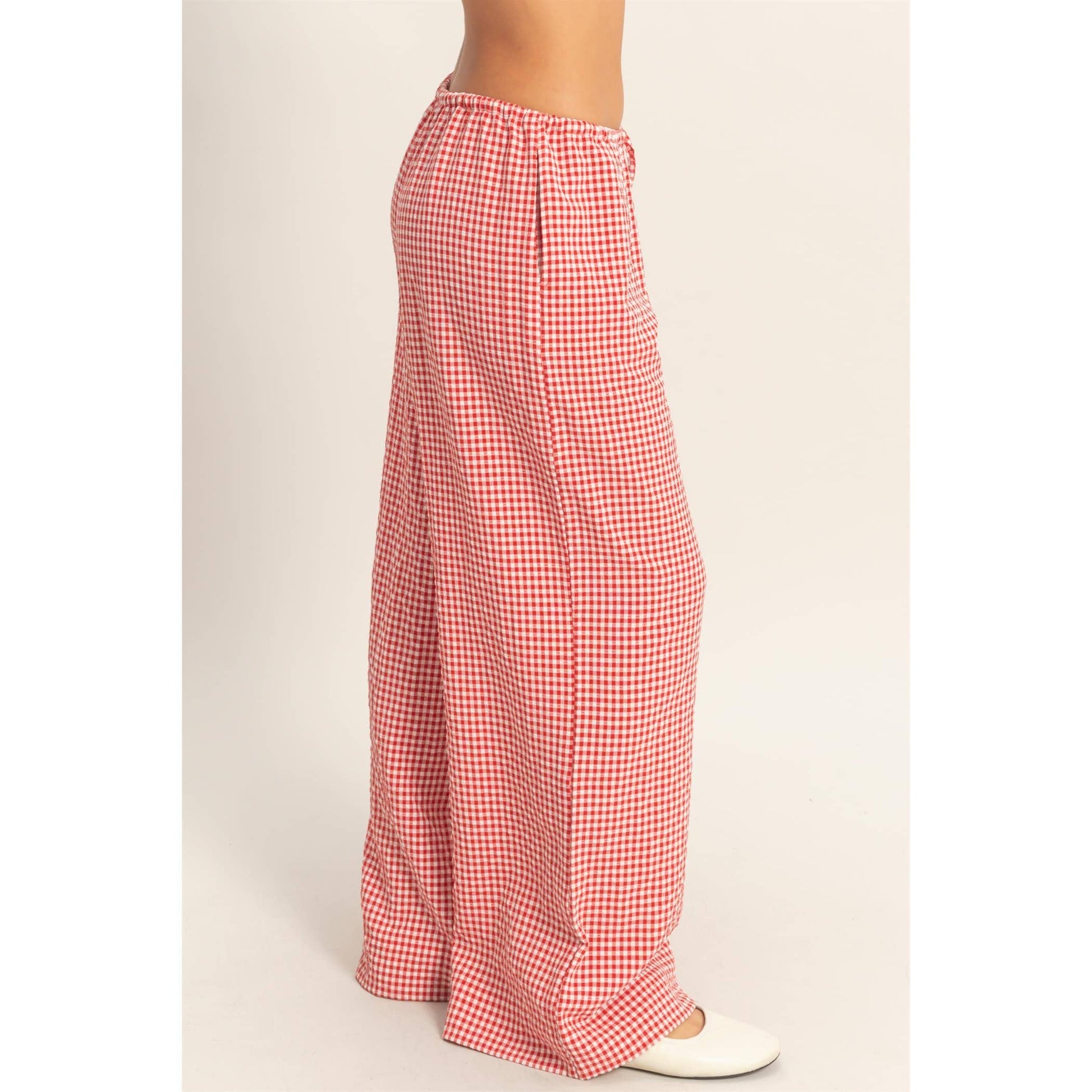 Gingham Drawstring Wide-Leg Pants: RED