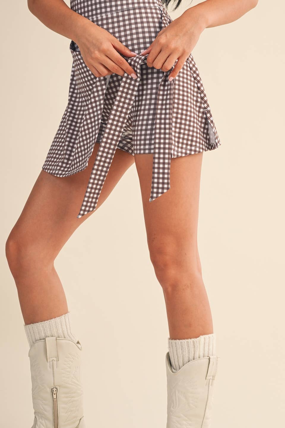 Gingham Print Sleeveless Wrap Tie Front Dress : Brown Gingham