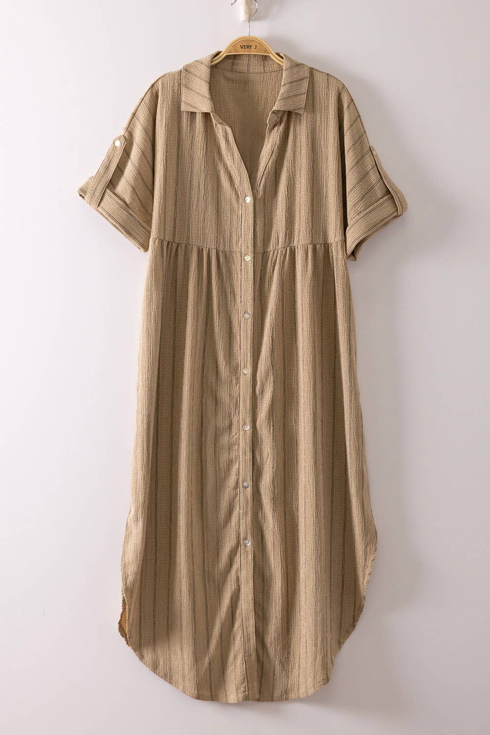 Striped Linen Midi Button Down Shirt Dress: TAUPE