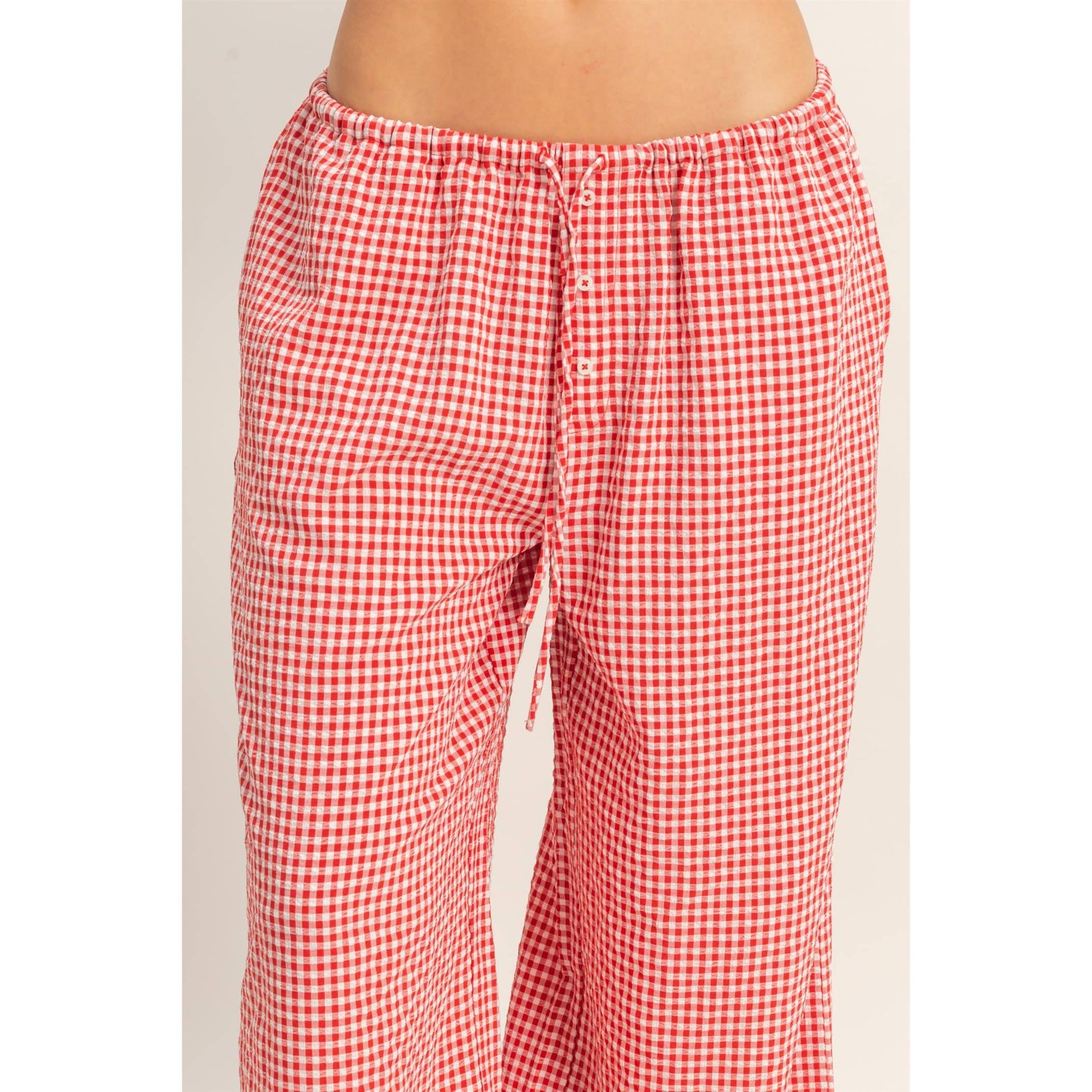 Gingham Drawstring Wide-Leg Pants: RED
